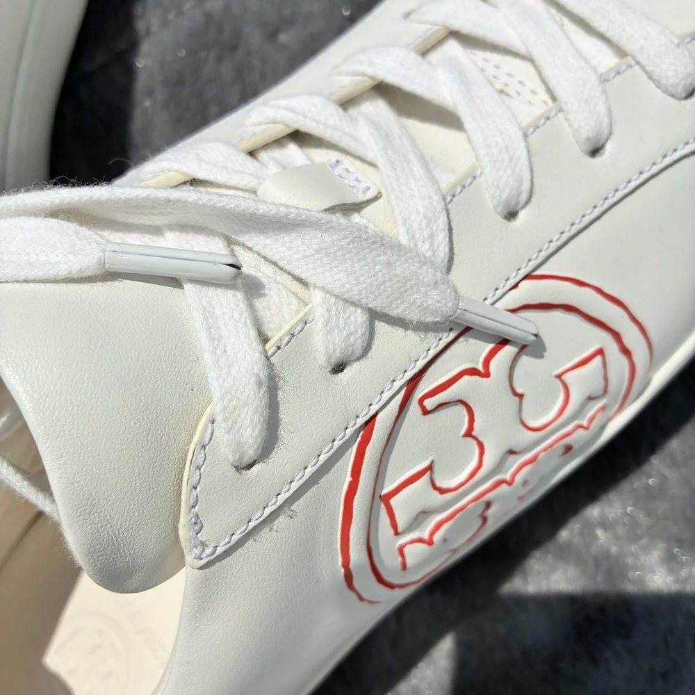 TORY BURCH NEW T-Logo Sneaker Leather Suede Trim Snow White/Canyon Orange SZ 9